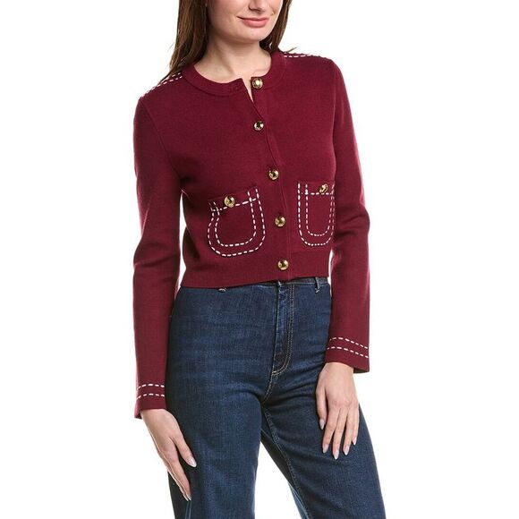 English Factory Womens Stitch Detail Puff Sleeve Cardigan, Red - Picture 1 of 3